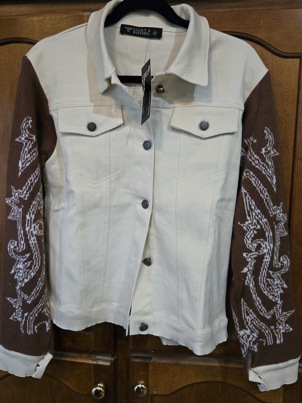 Lucky & Blessed Two-Tone Cream Jacket with Brown Patterned Sleeves